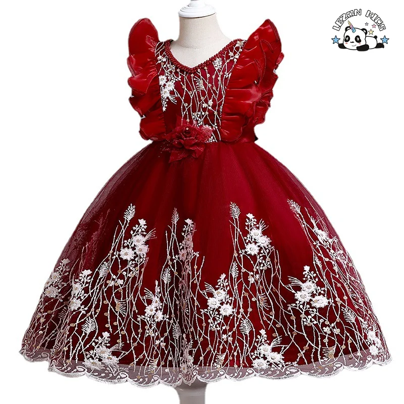LEZONKIDS - Vestido de renda floral sem mangas personalizável e quente para meninas, ODM, para crianças, festa, para 2-14 anos, com decoração de laço